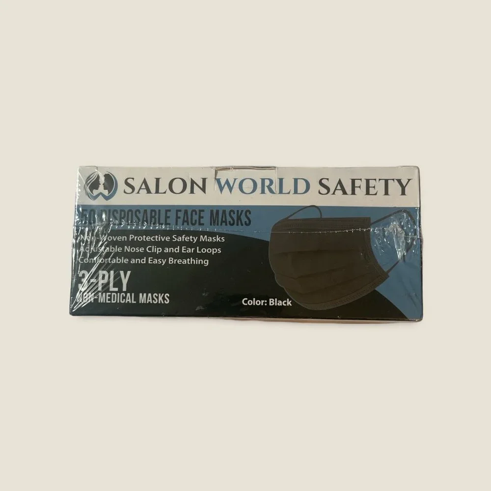 Salon World Safety Disposable Face Mask Black - Box of 50